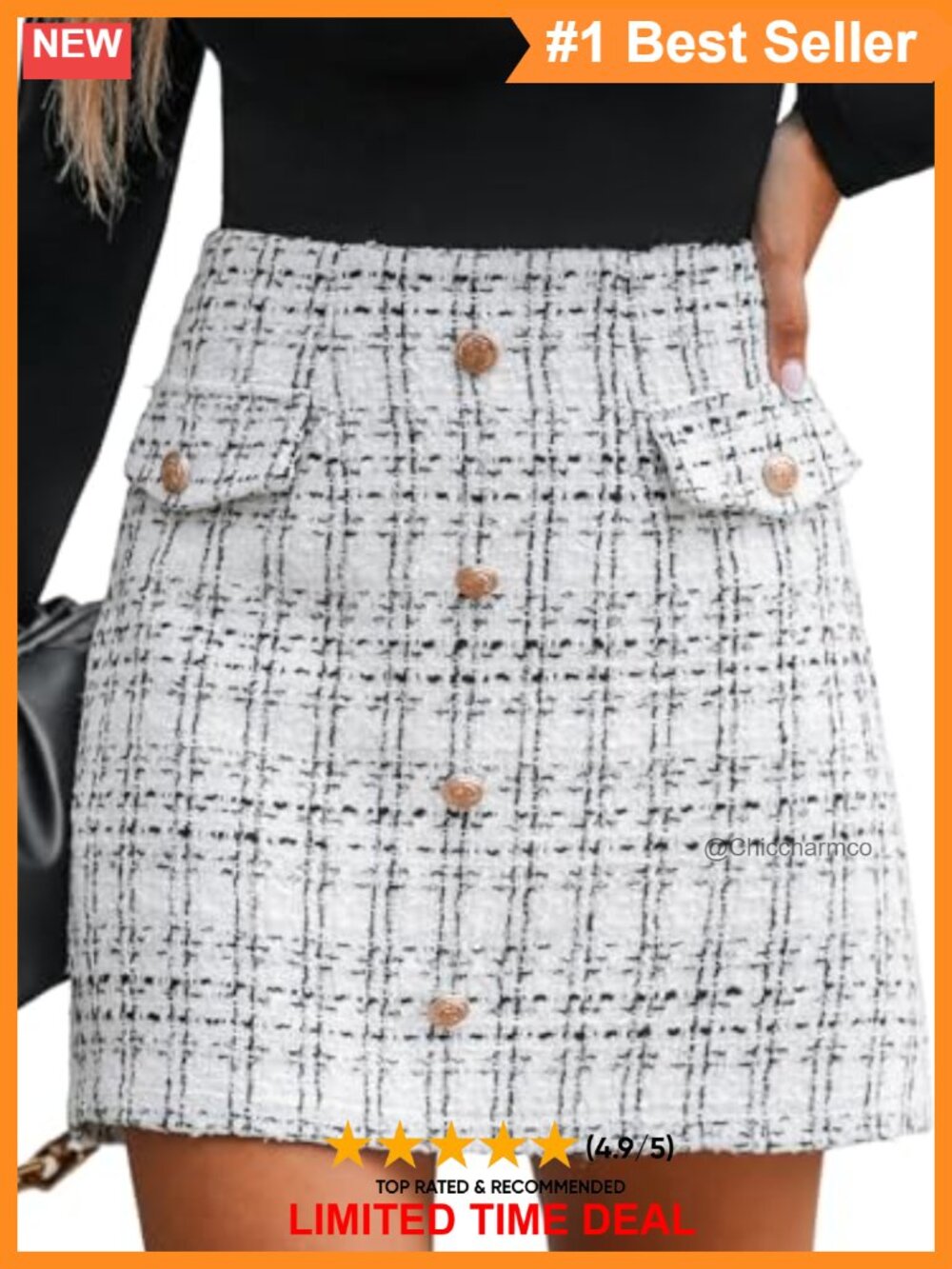 Mini Skirt Button Front High Waist Tweed Plaid